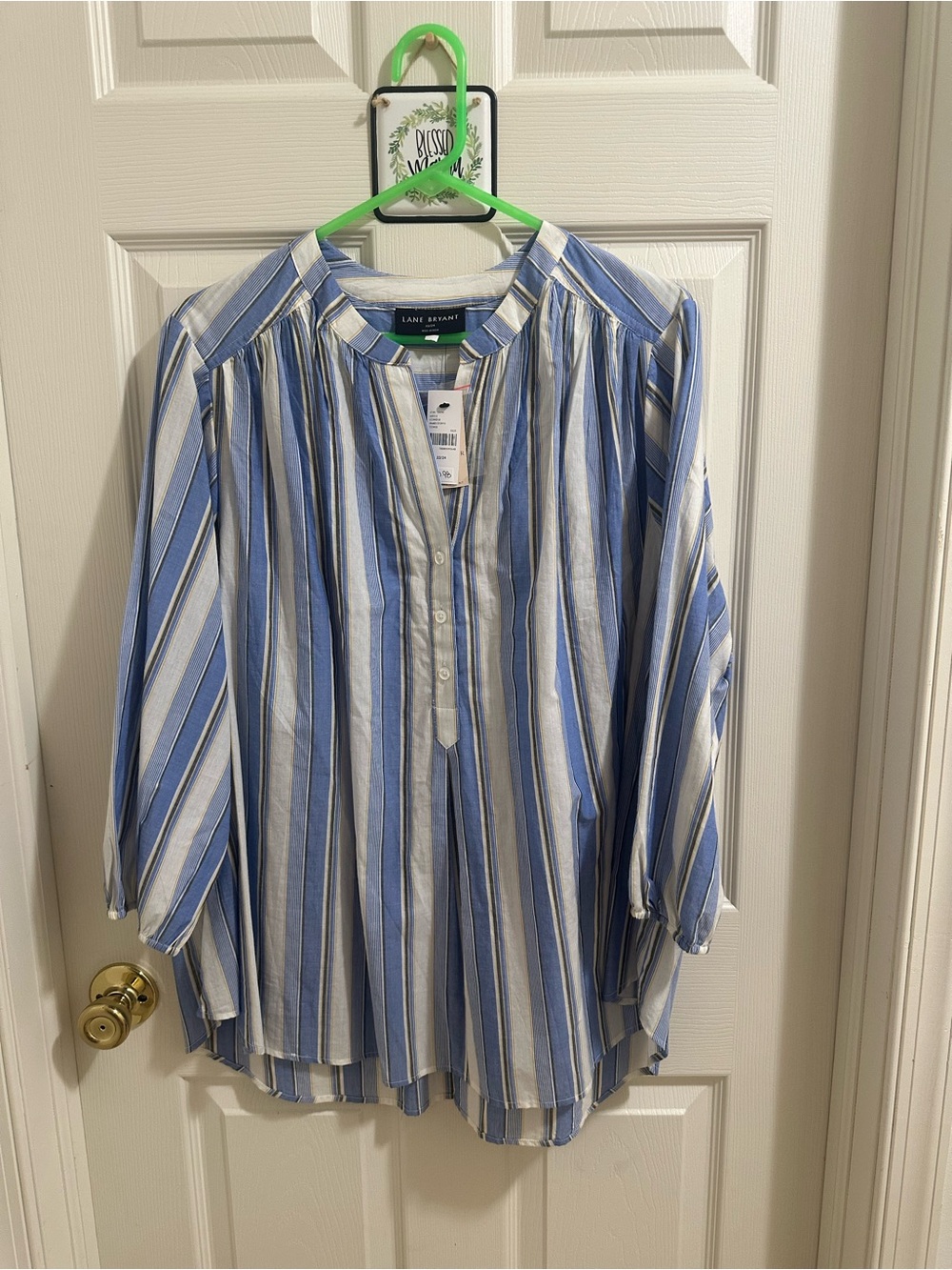 Lane Bryant Blue & White Striped Pullover Henley Blouse